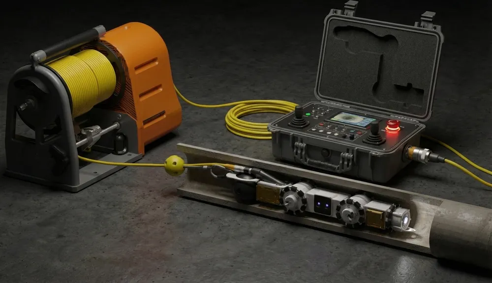 The complete PipeRover field kit: tether winch, control case and crawler